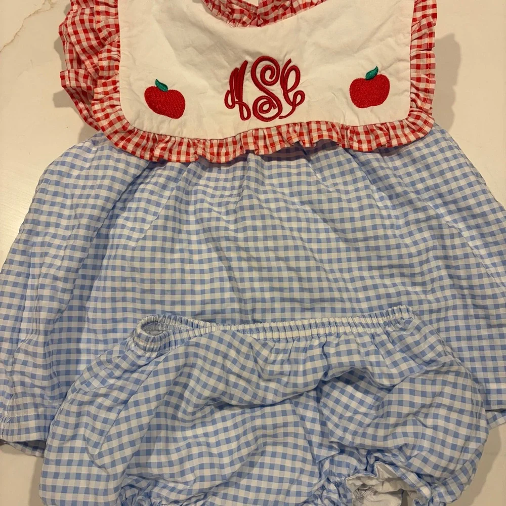 Monogrammed Baby Bib with Red Trim and Blue Gingham, MCS, 3T